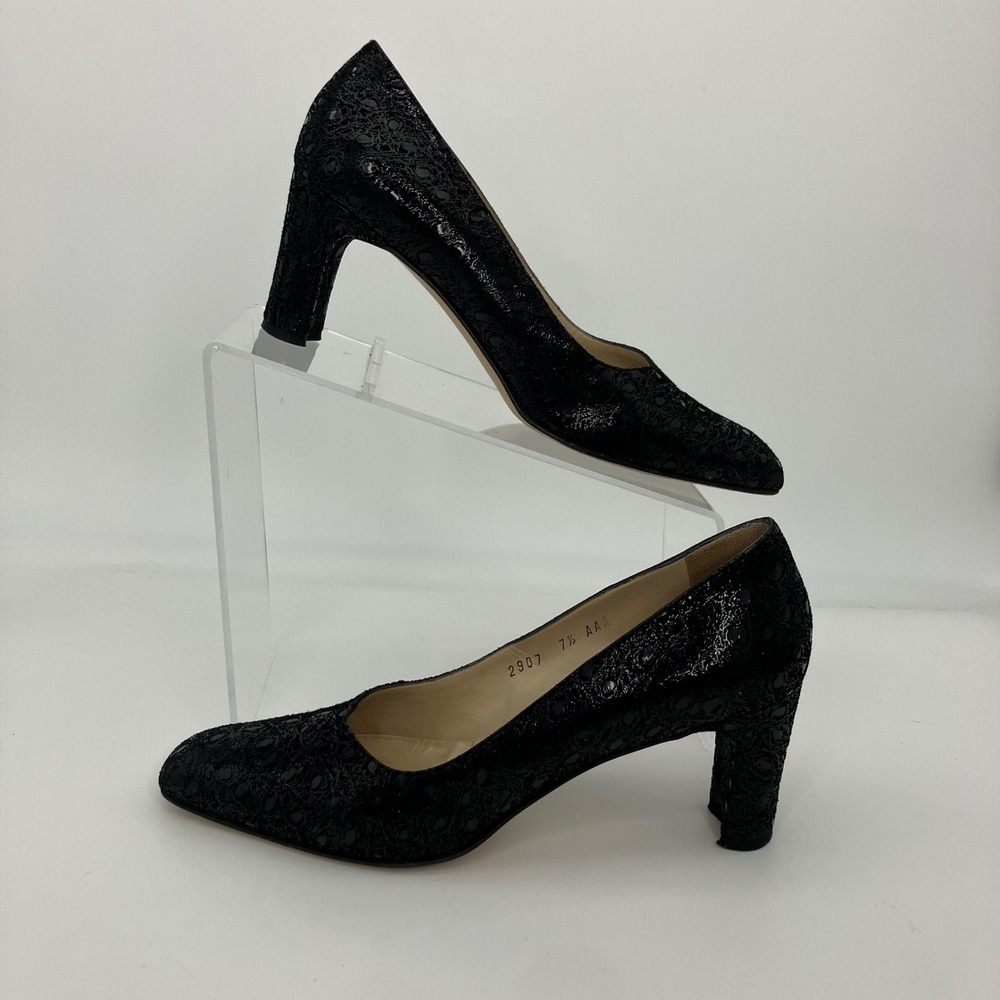 Joel Parker Pumps Women 7.5 Black Leather Italian Block Heel AAA Narrow Dress
